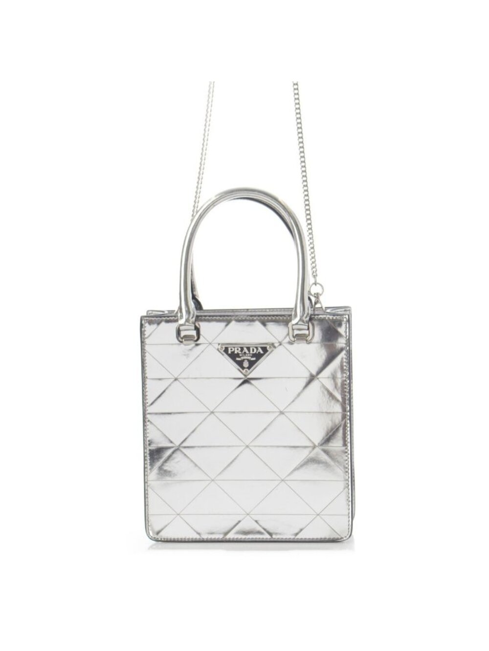 Prada Leather Triangle Logo Mini Chain Shoulder Bag Silver - Picture 1 of 10